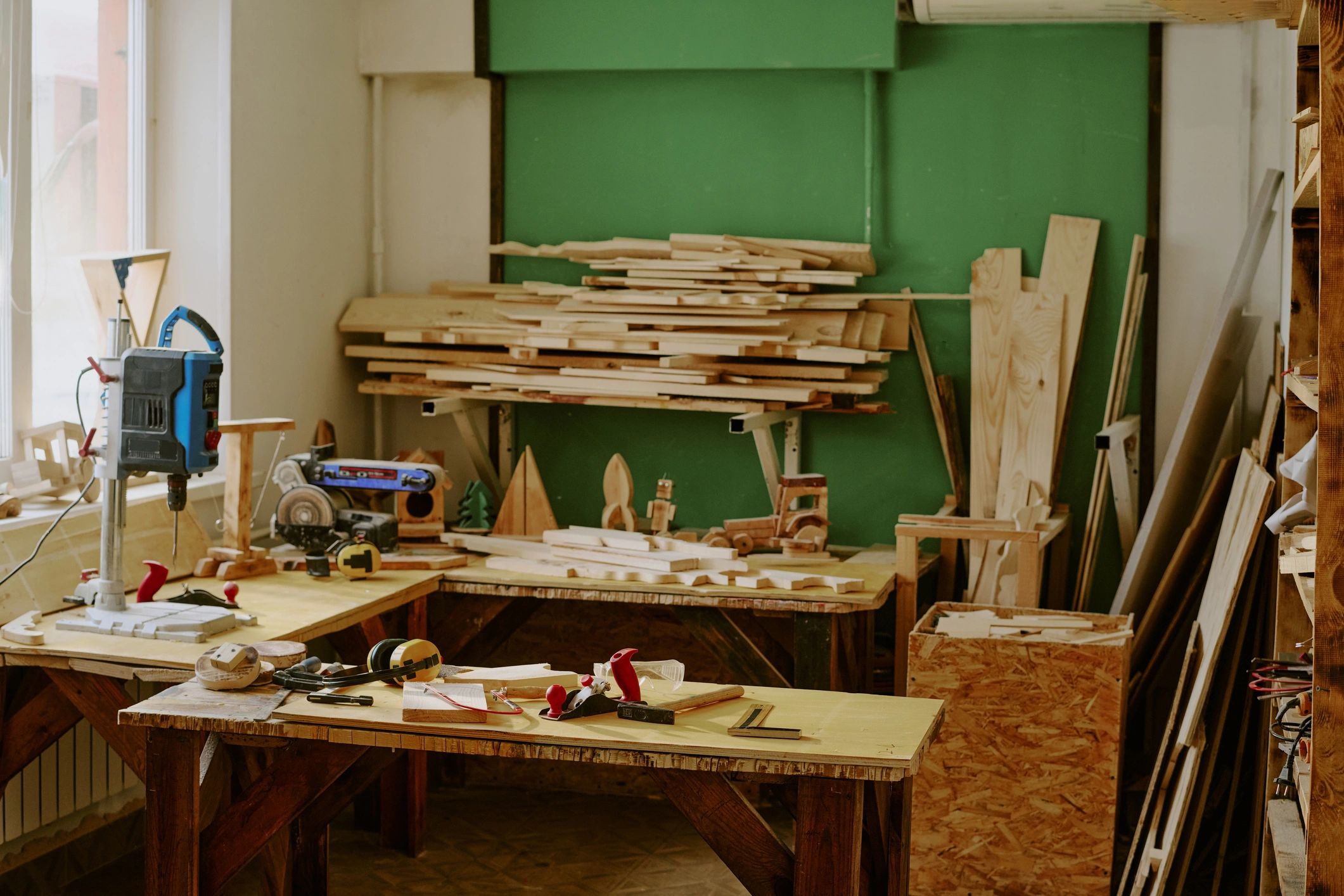 Workshop with woodworking tools and materials
